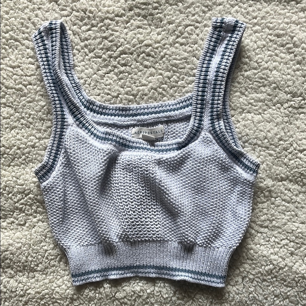 Aeropostale Women's Blue and White Knit Tank Top